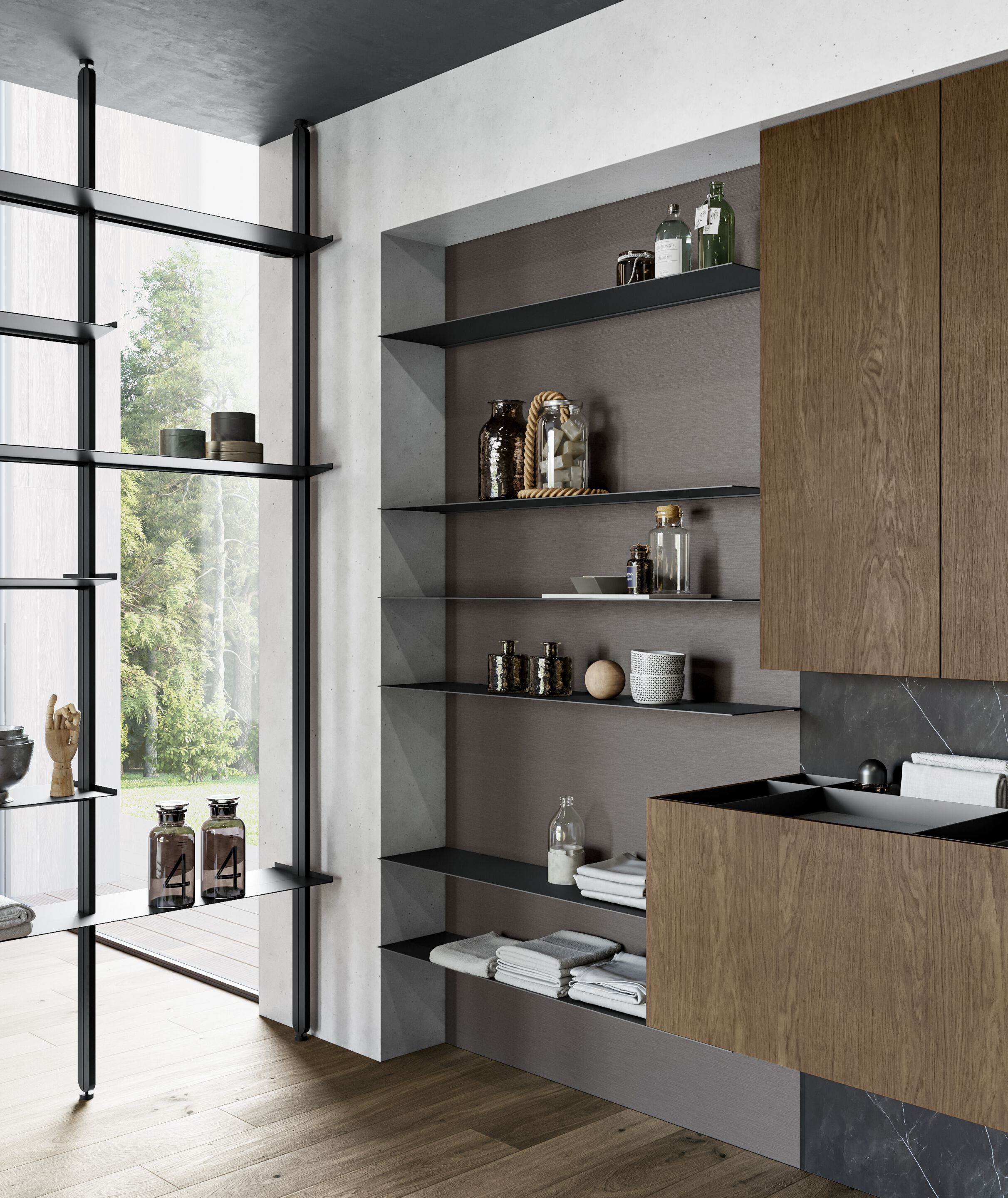 Подвесной одиночный умывальник с зеркалом, навесными шкафами и полками Birex Facto ARCH-00026401 - Вид №2