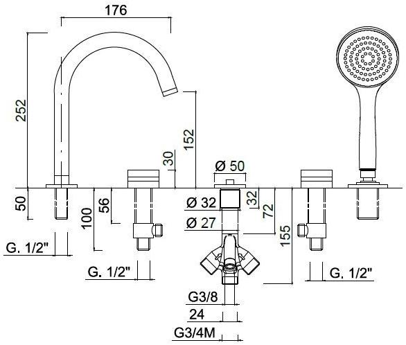Rubinetteria Giulini Комплект для ванны на 5 отверстий с ручным душем Myring Fmr0160 - Вид №2