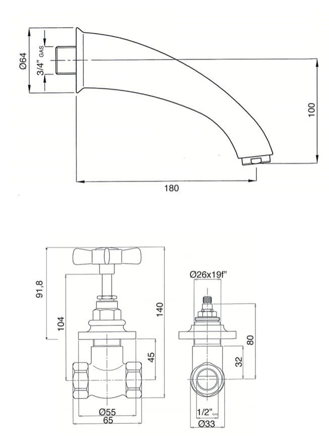 Настенный смеситель для ванны с 3 отверстиями Gentry Home Ascot ARCH-00094027 - Вид №2