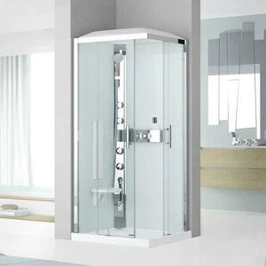 Душевая кабина 90x90 GLAX 3 A90 HYDROMASSAGE Novellini GLAX 3 с высоким душевым поддоном, серебристым профилем и крышей с парогенератором