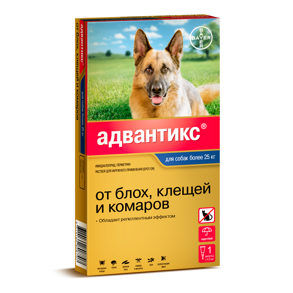 Т00000472 Капли для собак BAYER АДВАНТИКС от блох, клещей и комаров 400 (25-40кг веса) 1 пипетка в упак. Elanco 