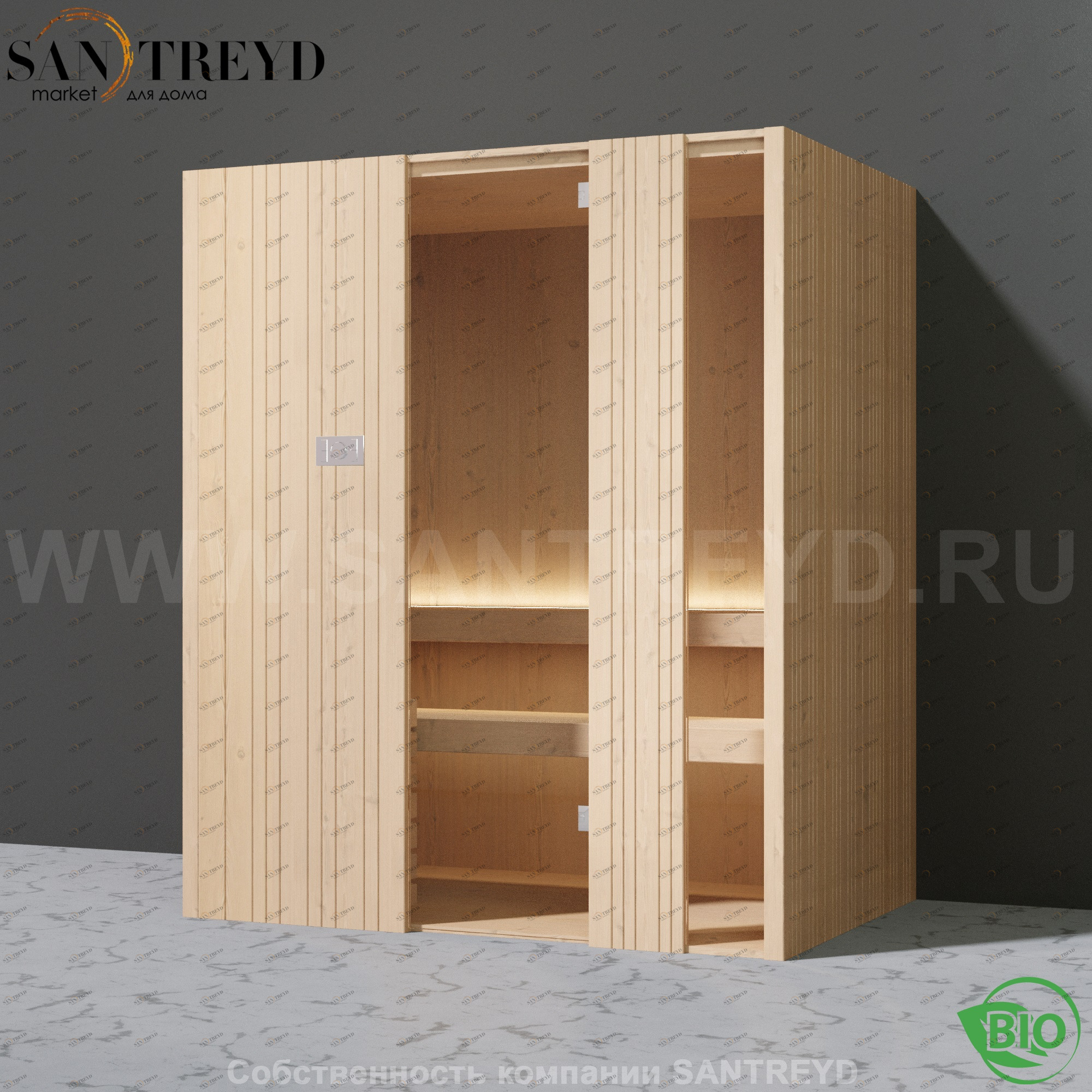 Effegibi AUKI BI50400002 Био-сауна. Установка: к стене. Мощность: 4,5 кВт макс. Размеры: длина 189 см, ширина 126 см. Отделка: канадский хемлок.