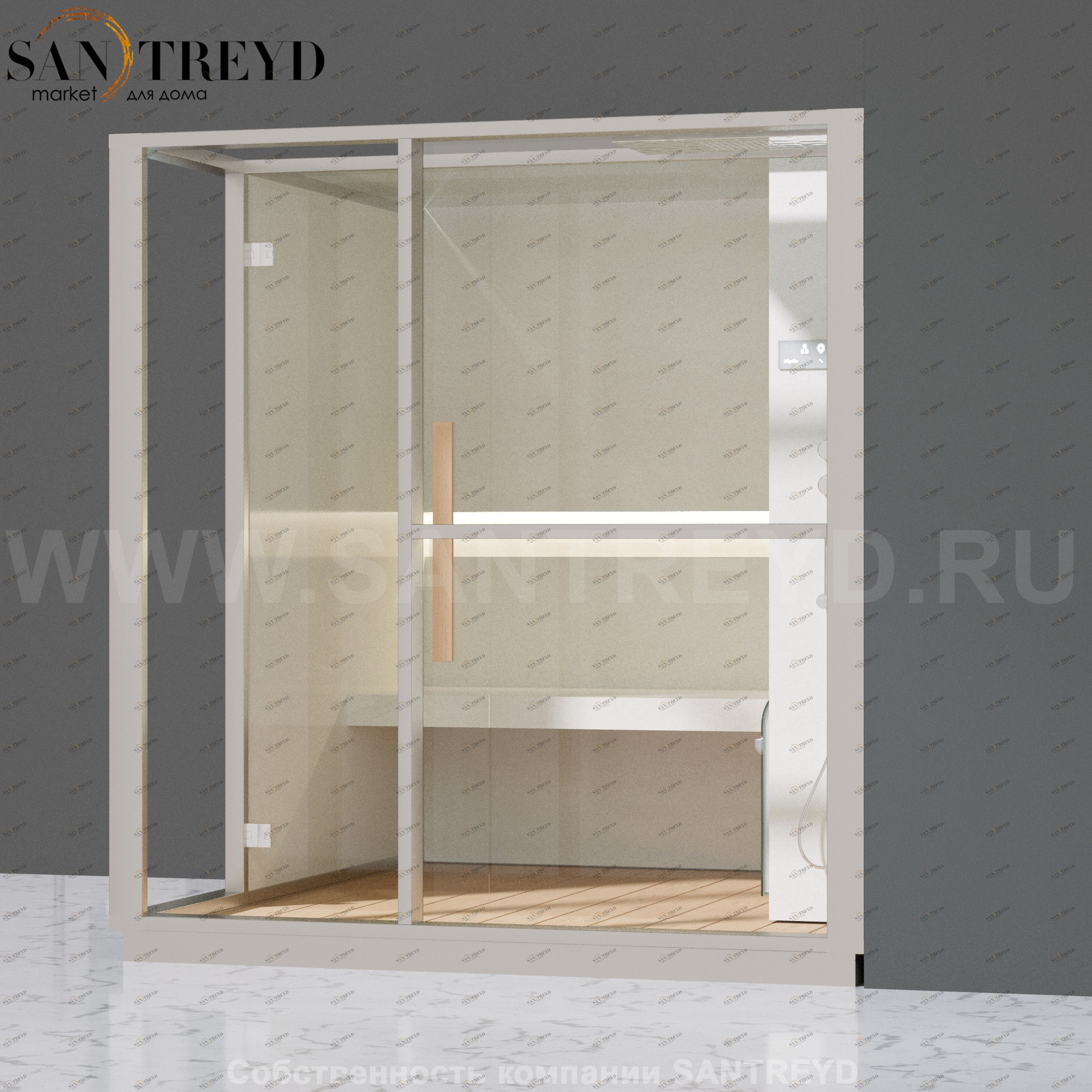 Effegibi LOGICA H LO30020007 Хаммам. Установка: в правый угол. Правая дверь. Мощность: 4,5 кВт макс. Размеры: длина 214 см, ширина 250 см. Отделка: матовый лакированный белый аллюминий и серый ламинат из керамогранита.