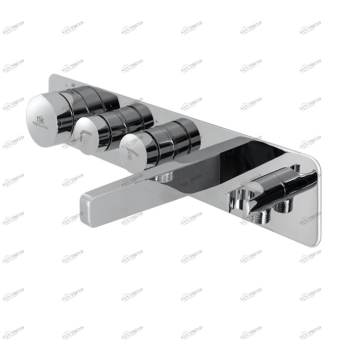 Скрытый кнопочный термостатический 2-ходовой 3/4 "с восковым термостатическим элементом. Кронштейн и излив для ванны в комплекте. Встроенный обратный клапан.   Скорость потока для душа: 14,6 л / мин при 3 бар и расход воды на бане: 16,4 л / мин при 3 бара Noken 100180996