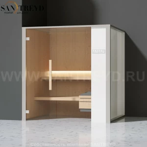 Effegibi ONEFILO S LO51020005 Сауна. Установка: в левый угол. Правая дверь. Мощность: 4,5 кВт макс. Размеры: длина 214 см, ширина 171 см. Отделка: матовый лакированный белый аллюминий и серый ламинат из керамогранита.