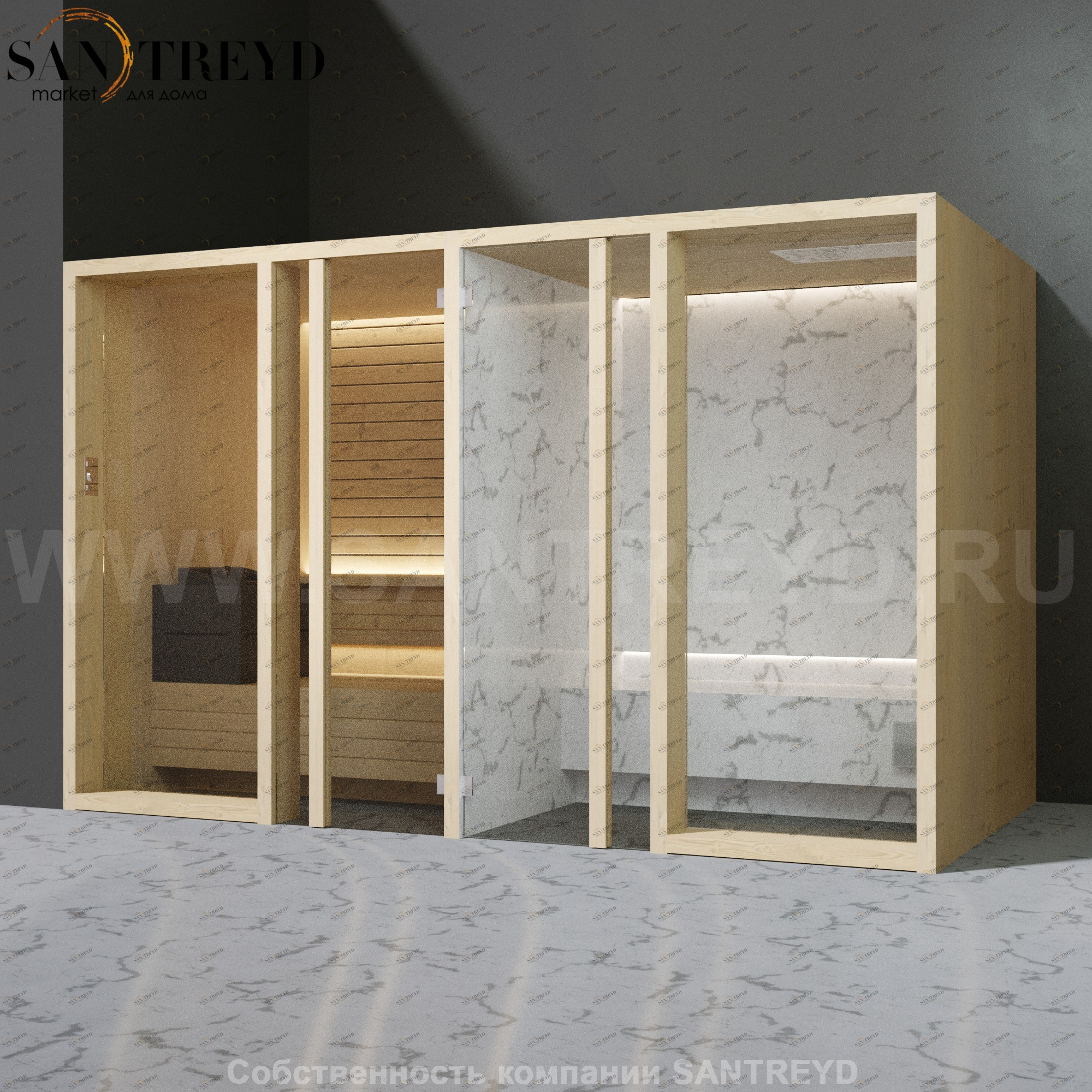 Effegibi YOKU.G SH YO.30110003 Комбинированная баня: хаммам и сауна. Установка: в левый угол. Мощность: 10,5 кВт макс. Размеры: длина 342 см, ширина 170 см. Отделка: осина термообработанная и светлый керамогранит YO30110003