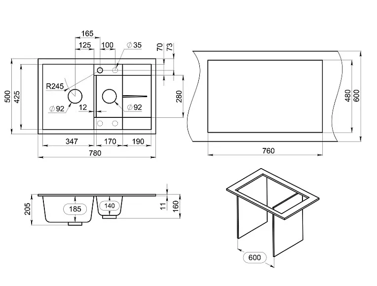 7802, ЧЁРНЫЙ, кухонная мойка, кварц GRANULA 7802-ST237 - Вид №3