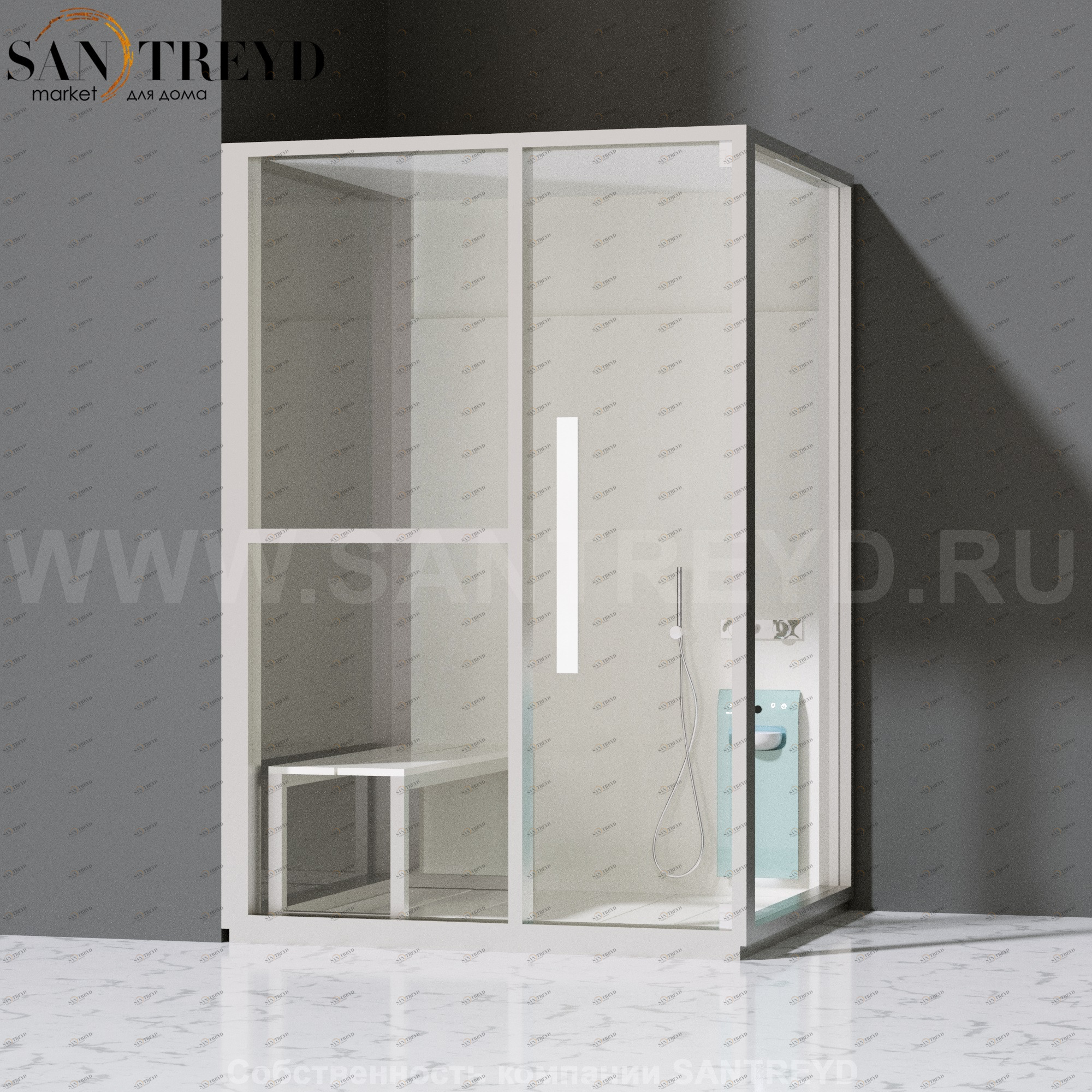 Effegibi H MEDIUM LO81020004 Комбинированная баня: хаммам и душ. Установка: в левый угол. Левая дверь. Мощность: 3 кВт макс. Размеры: длина 152 см, ширина 102 см. Отделка: матовый лакированный белый аллюминий и серый ламинат из керамогранита.