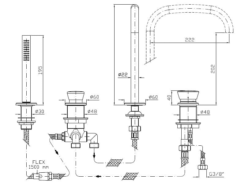 Смеситель для ванны с 4 отверстиями из нержавеющей стали с ручным душем Zucchetti Sablier ARCH-00023845 - Вид №2
