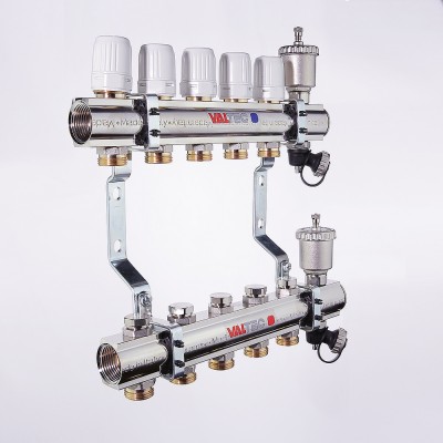 VTc.594.EMNX.0606 Коллекторный блок латунный c термостатическими и балансировочными клапанами Valtec 1", 6 x 3/4", "евроконус"  - Вид №3