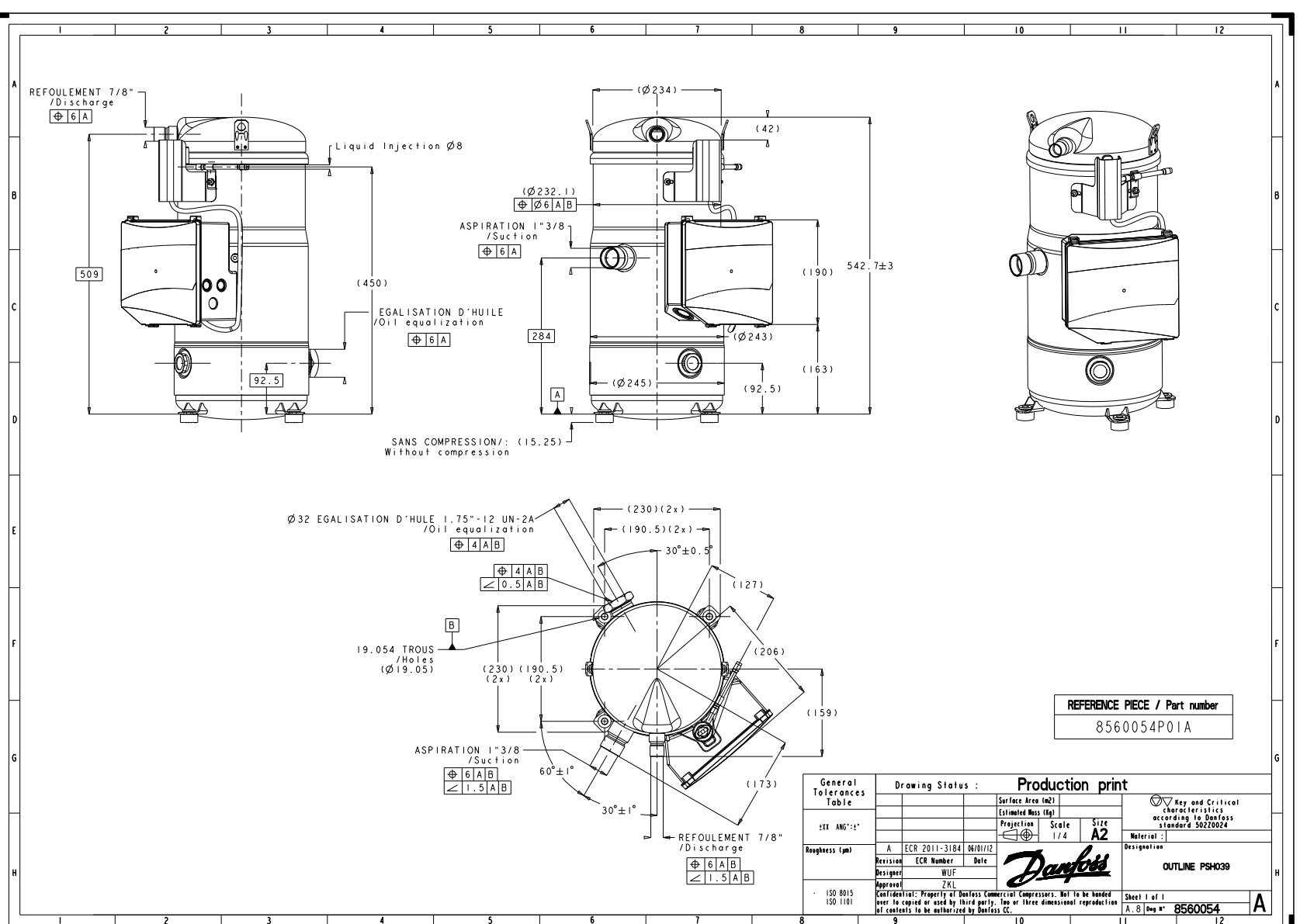 Danfoss PSH — Герметичные спиральные компрессоры, R410A PSH026A4CLD Компрессор спиральный 120H0935  - Вид №9