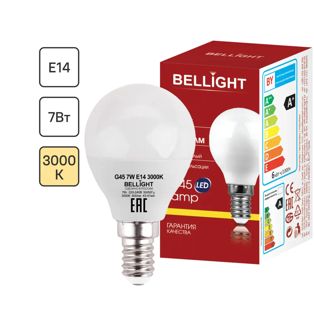 Светодиодная лампа BELLIGHT E14 7Вт теплый белый свет 86170871 STLM-0066660