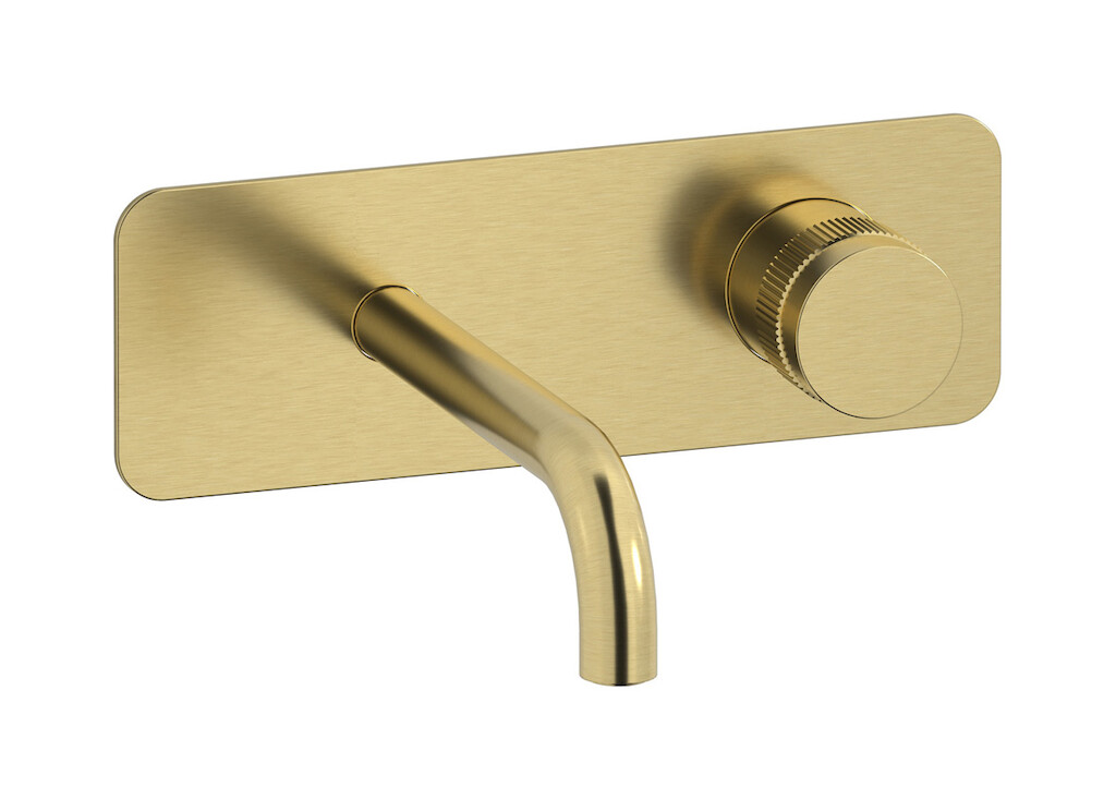 Настенный смеситель для раковины прогрессивный на 2 отверстия в комплекте с донным клапаном. WE ARE IB rx206is Brushed Pale Gold Reflex