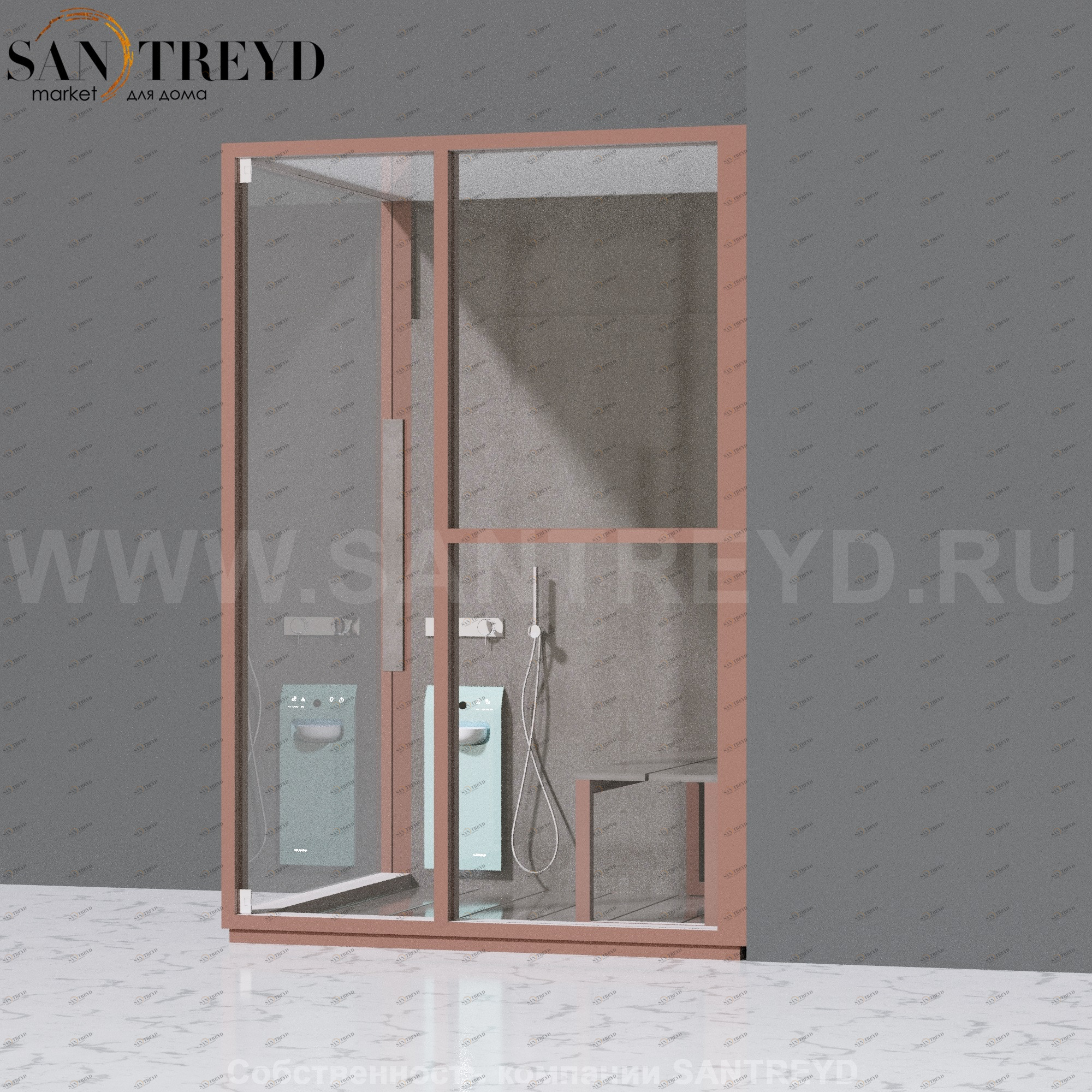 Effegibi H MEDIUM LO81030005 Комбинированная баня: хаммам и душ. Установка: в правый угол. Правая дверь. Мощность: 3 кВт макс. Размеры: длина 152 см, ширина 102 см. Отделка: матовый лакированный коричневый аллюминий и темный ламинат из керамогранита.