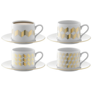 P034-11-146 Набор чашек с блюдцами signature, chevron, 4 шт, 250 мл, золото LSA International