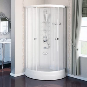 Душевая кабина "Паола 2", стеклянные шторки (прозрачные), поддон на раме-подставке с устройством слива, боковые стенки, стойка без гидромассажа (смеситель, излив, душевая лейка), стеклянная полочка