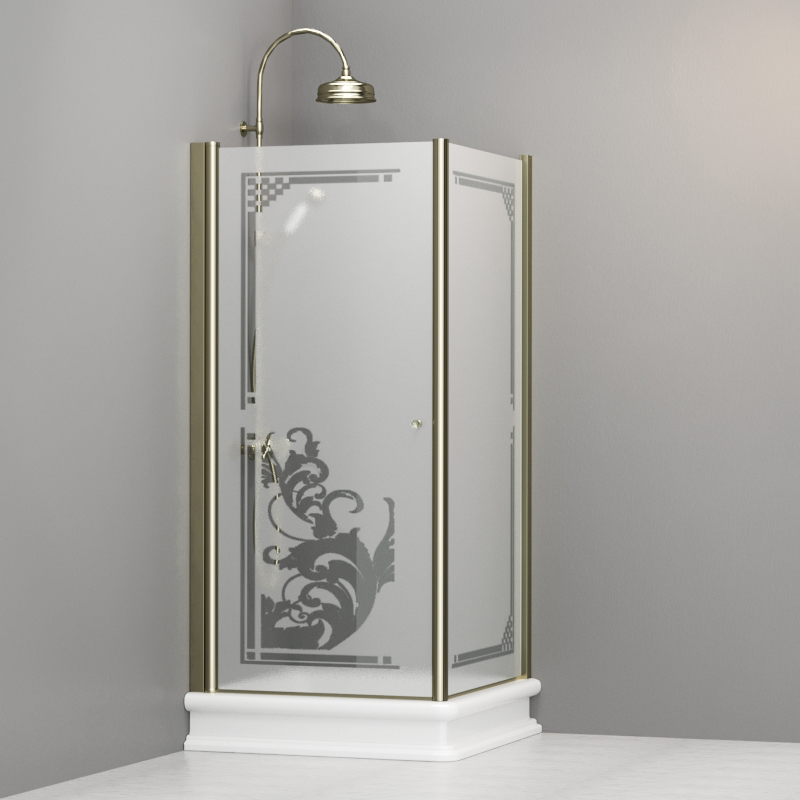 9146P1 Душевая кабина DX с распашной дверью и фиксированной боковой частью для душевого поддона квадрат 90x90, цвет Золотистый Kerasan RETRO Италия 