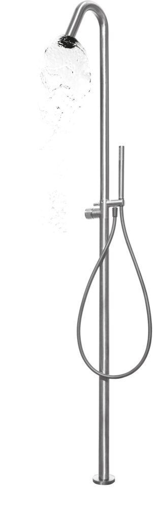 70131 / RD Отдельностоящая душевая колонна из матовой нержавеющей стали 316 с прогрессивным картриджем, переключателем, душевым набором и эрогатором тропического душа. Bongio Wellness 70131/RD