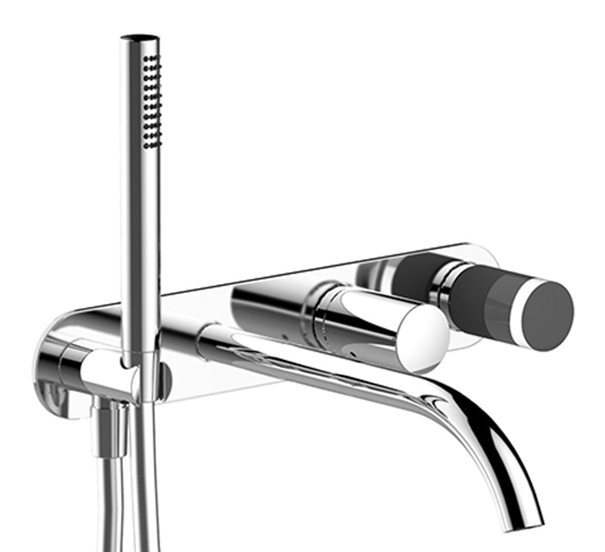 S021SB+R021A  Встраиваемый смеситель для ваннывылет 20 см без ручек переключатель на 2 потока с поворотной кнопкой ручная лейка FIT шланговое подсоединение с держателем для ручной лейки гибкий шланг 150 см ПВХ впуски 1/2'' ручки заказываются отдельно, см Fantini Rubinetti Nice