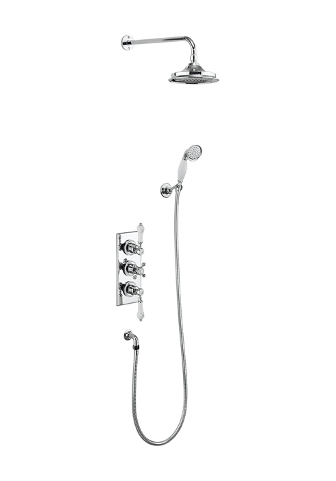 Burlington Термостатический скрытый душевой клапан с двойным выходом Trent, фиксированный душевой кронштейн, трубка и держатель со шлангом с розеткой с белым акцентом и 6-дюймовой розой TF3S-V16 