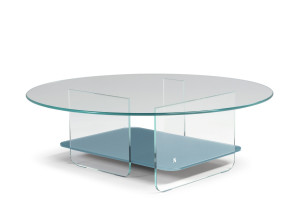 Низкий круглый стеклянный журнальный столик с журнальной стойкой