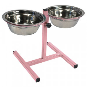 ПР0045042 Кормушка-телескоп регулируемая 2 мет.миски, розовая D-16см, h до 20см 500мл ДАНКО