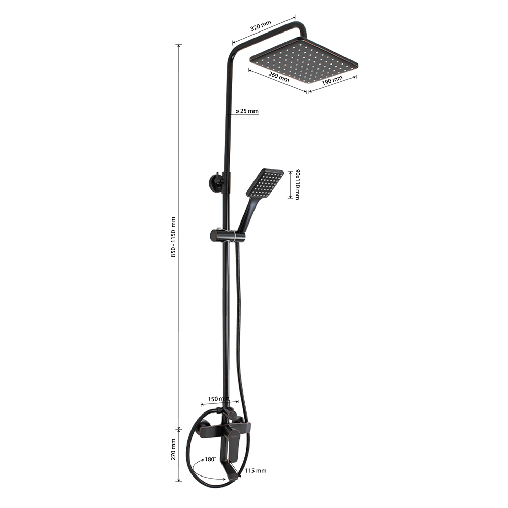 GFmark - Смеситель + стойка душевая "тропический душ" с двумя лейками под состаренную МЕДЬ, код: 5775  - Вид №2