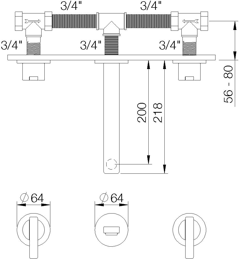 rvb Смеситель для умывальника настенный на 3 отверстия Line 4075.--.52 - Вид №1