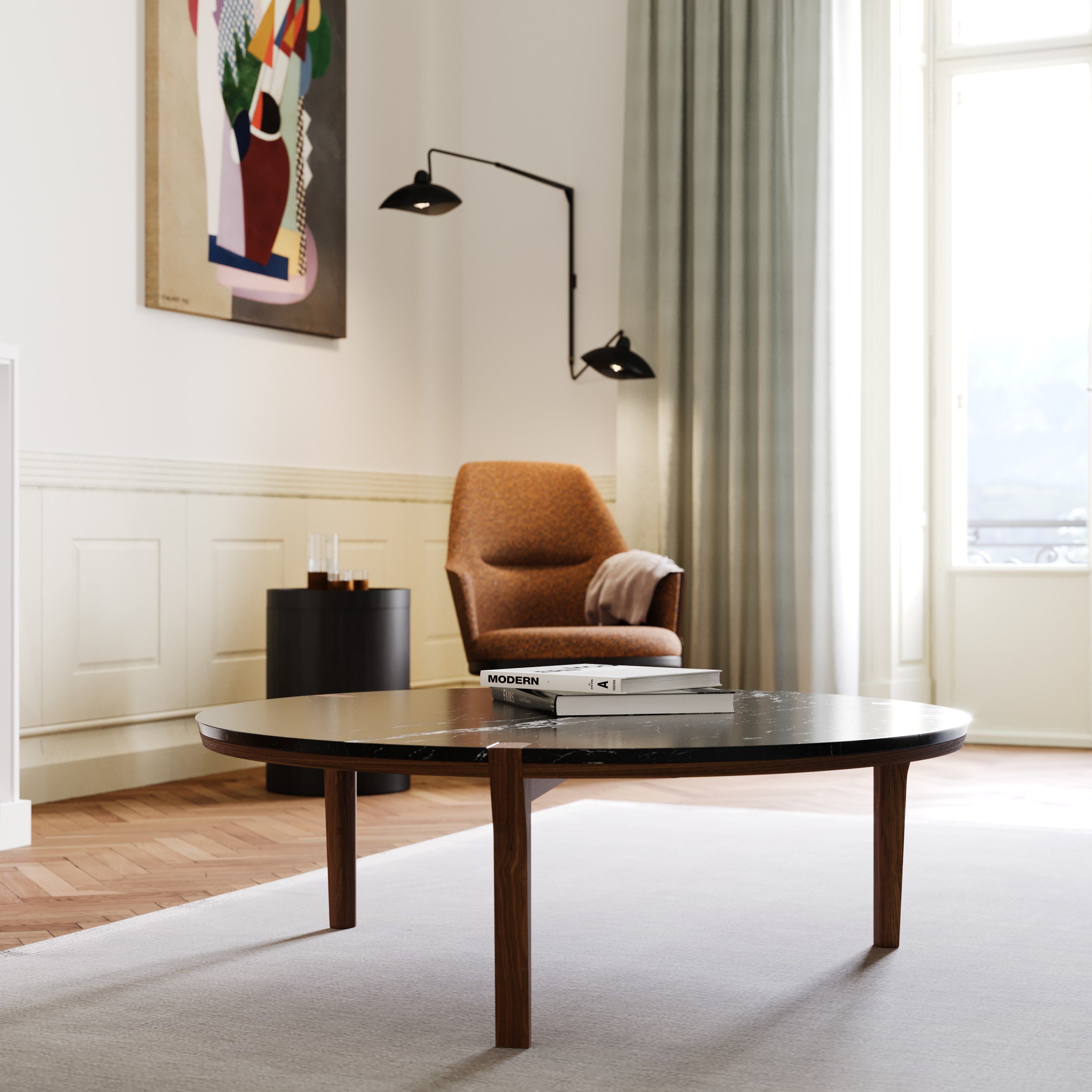 Круглый низкий журнальный столик из мрамора и массива дерева Wewood CORNER ARCH-00141905