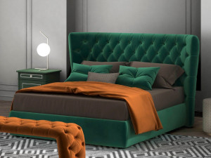 Двуспальная мягкая кровать из ткани с капитонным изголовьем