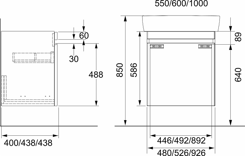 44759 IFO Renova Плоская тумба для умывальника, с ящиком и внутренним ящиком, W = 524 мм, W1 = 600 мм, T = 438 мм, глянцевый белый  - Вид №11