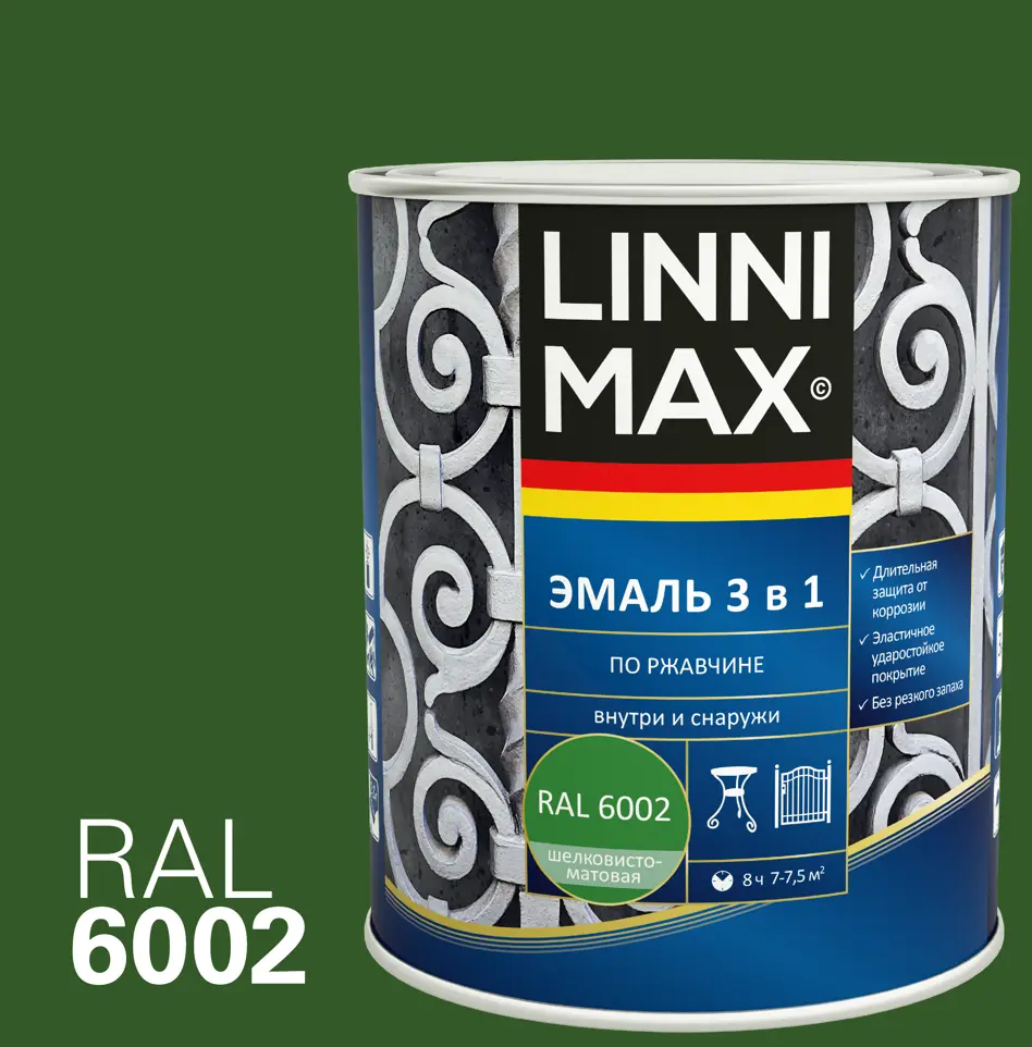 LINNIMAX Грунт-эмаль 3 в 1 антикоррозийная зеленая 89349590