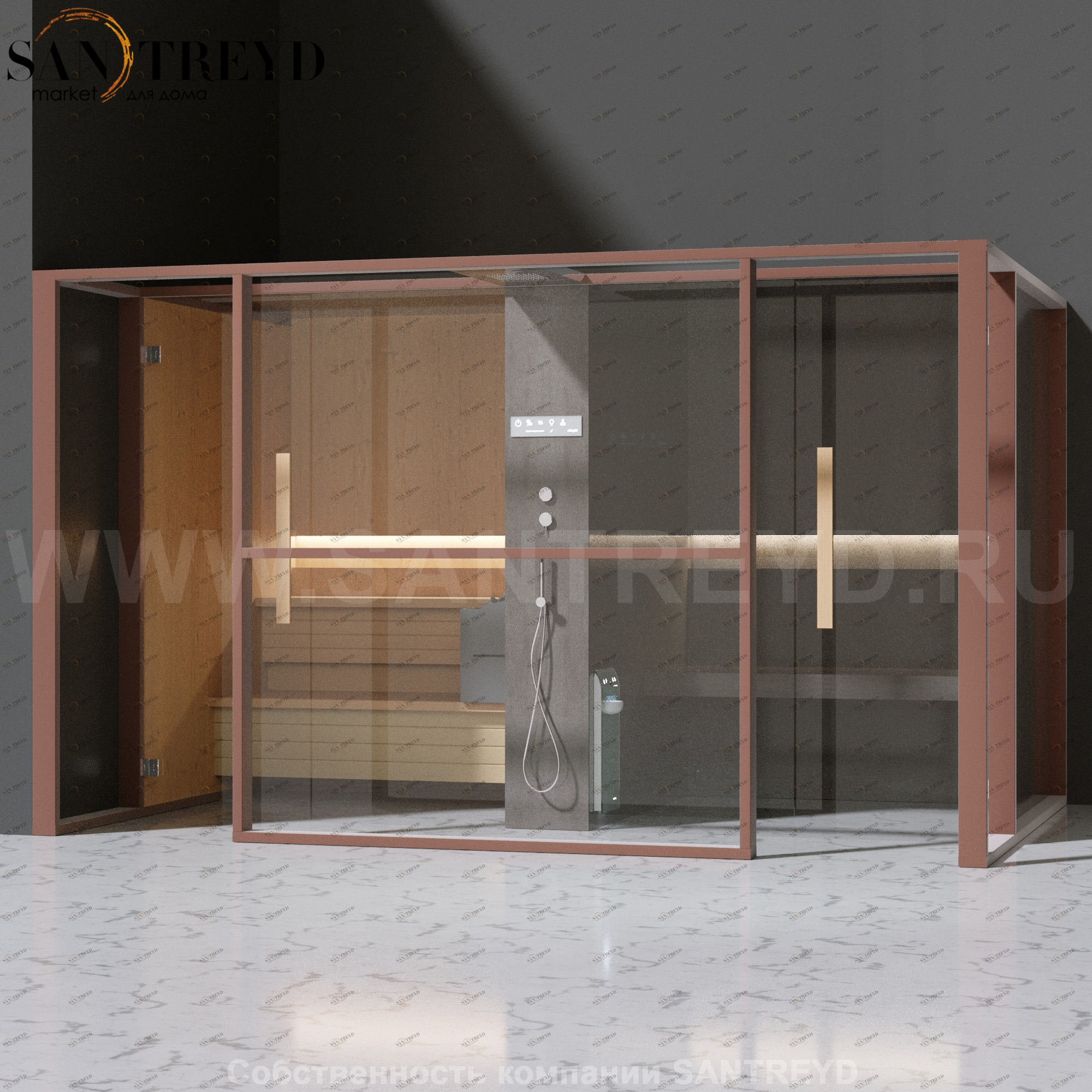 Effegibi LOGICAFILO LO11030002 Комбинированная баня: хаммам и сауна. Установка: в левый угол. Мощность: 10,5 кВт макс. Размеры: длина 373 см, ширина 250 см. Отделка: канадский хемлок, матовый лакированный коричневый аллюминий и темный ламинат из керамогра