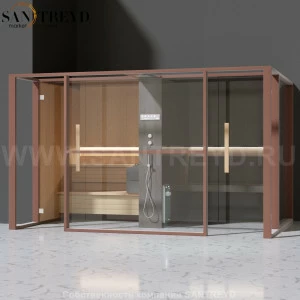 Effegibi LOGICAFILO LO11030004 Комбинированная баня: хаммам и сауна. Установка: в левый  полуугол. Мощность: 10,5 кВт макс. Размеры: длина 373 см, ширина 250 см. Отделка: канадский хемлок, матовый лакированный коричневый аллюминий и темный ламинат из кера