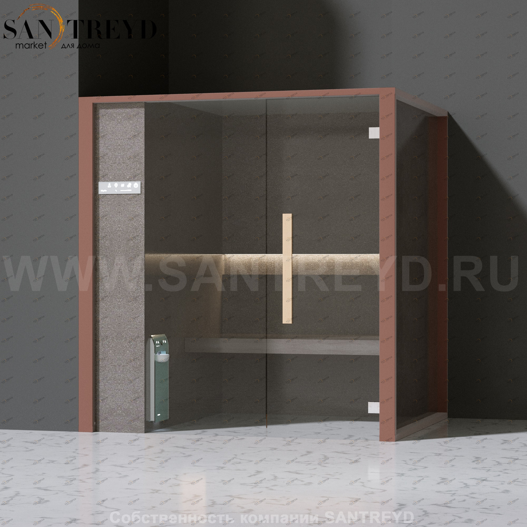 Effegibi ONEFILO H LO61030006 Хаммам. Установка: в левый угол. Левая дверь. Мощность: 4,5 кВт макс. Размеры: длина 214 см, ширина 171 см. Отделка: матовый лакированный коричневый аллюминий и темный ламинат из керамогранита.