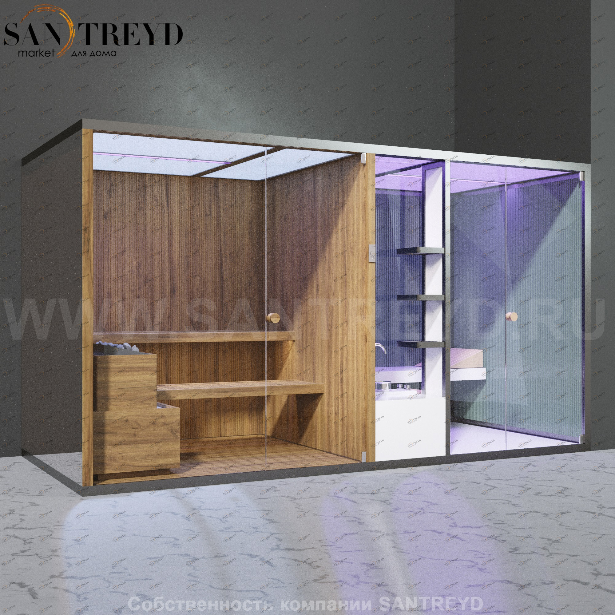 Effegibi BODYLOVE SH BL40240003 Фронтальная комбинированная баня: хаммам и сауна. Установка: в правый угол. Мощность: 15 кВт макс. Размеры: длина 393 см, ширина 176 см. Отделка: термообработанная древесина, трубчатое стекло и зеркало.