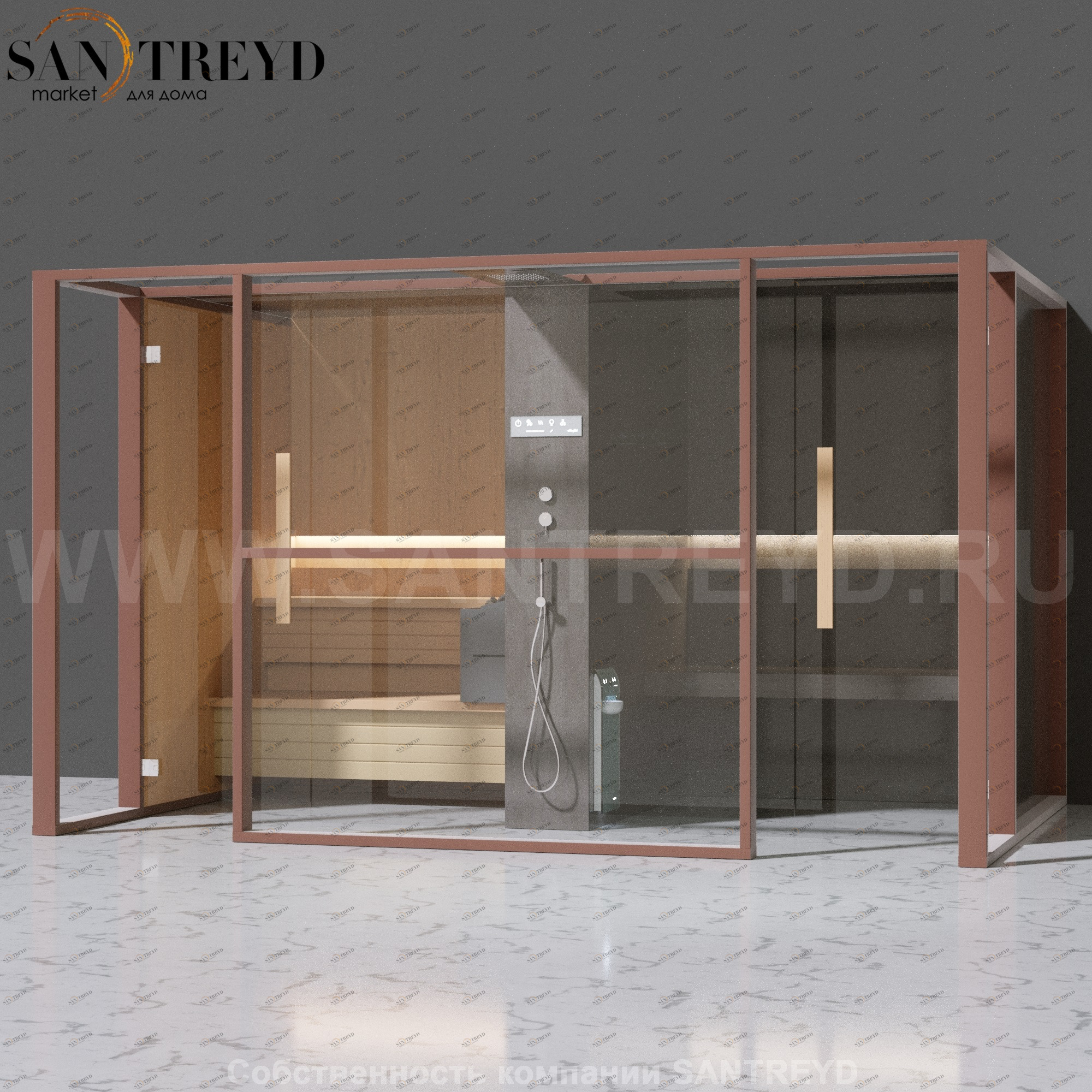 Effegibi LOGICAFILO LO11030001 Комбинированная баня: хаммам и сауна. Установка: к стене. Мощность: 10,5 кВт макс. Размеры: длина 373 см, ширина 250 см. Отделка: канадский хемлок, матовый лакированный коричневый аллюминий и темный ламинат из керамогранита.