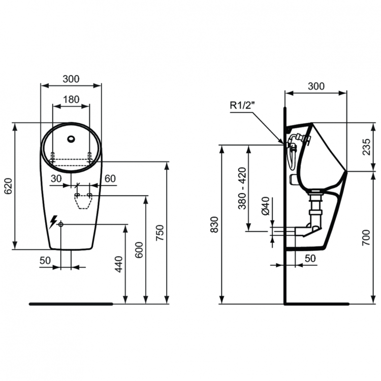 E189701 MAXI Smart E-Hybrid Писсуар со встроенным датчиком, задняя подводка Ideal Standard SPHERO - Вид №11