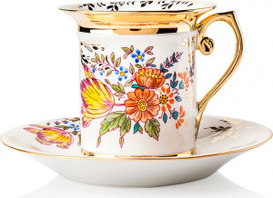 10617331 Мануфактуры Гарднеръ в Вербилках Чашка кофейная с блюдцем "Гарднеровская" "Ирис и герберы" Фарфор, Керамика