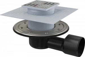 Сливной трап 105×105/50/75 мм боковой сток, решетка из нержавеющей стали, фланец из нержавеющей стали, воротник изоляции 2–го уровня, гидрозатвор сухой и мокрый