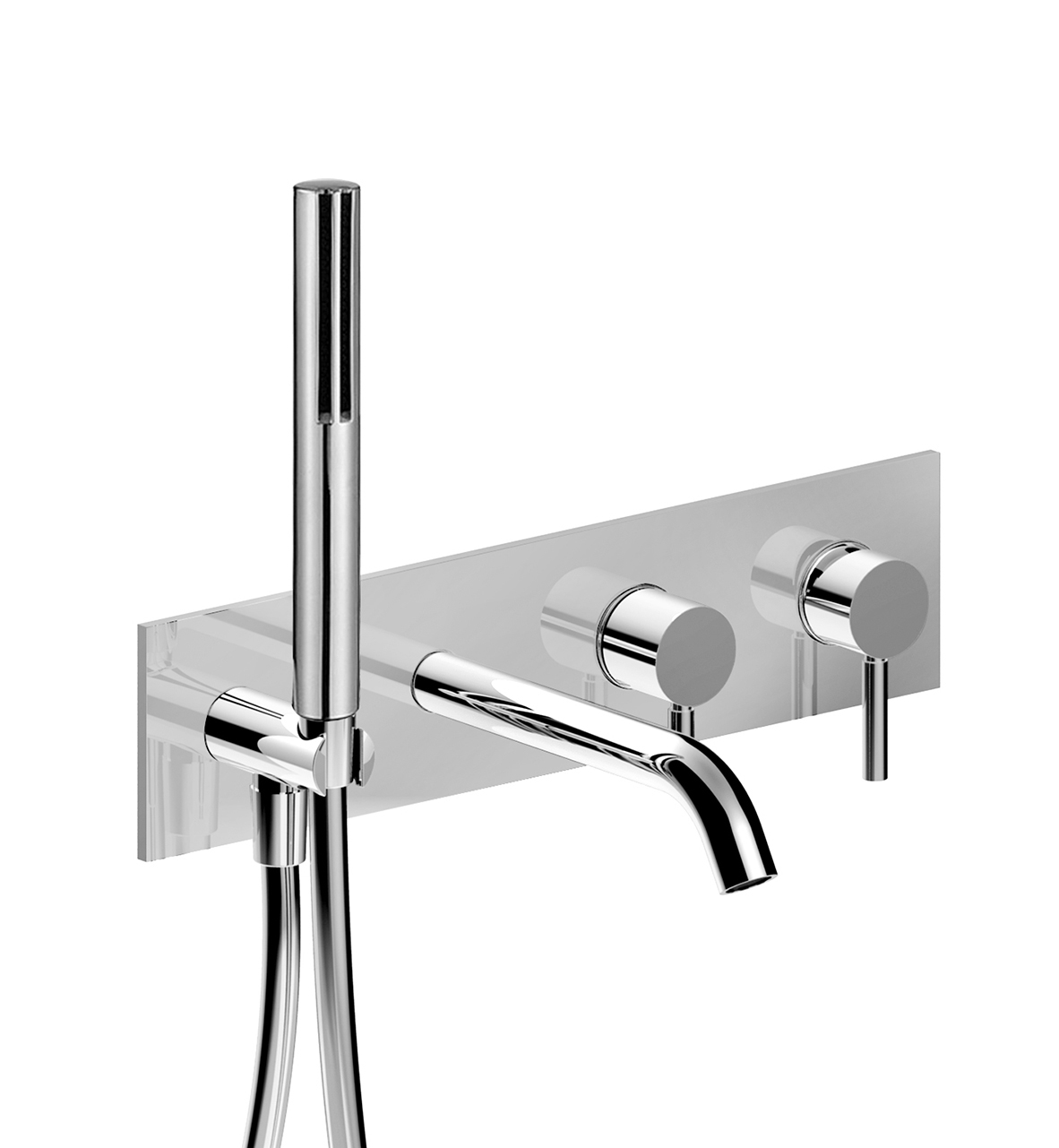 E820B+R021A  Встраиваемый смеситель для ваннывылет 15 см ручка переключатель на 2 потока с поворотной кнопкой ручная лейка SUN шланговое подсоединение с держателем для ручной лейки гибкий шланг 150 см ПВХ впуски 1/2'' Fantini Rubinetti CAFÈ