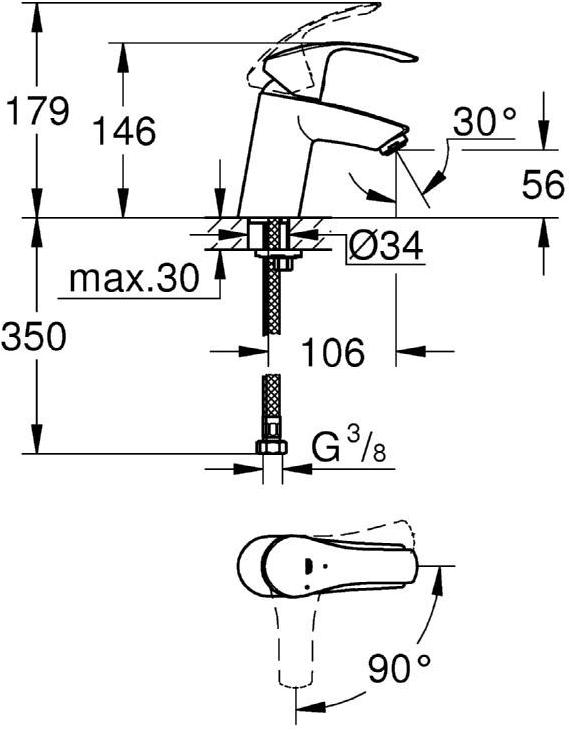 Смеситель для раковины GROHE Eurosmart New с энергосберегающим картриджем, S-size, хром (32154002) - Вид №1