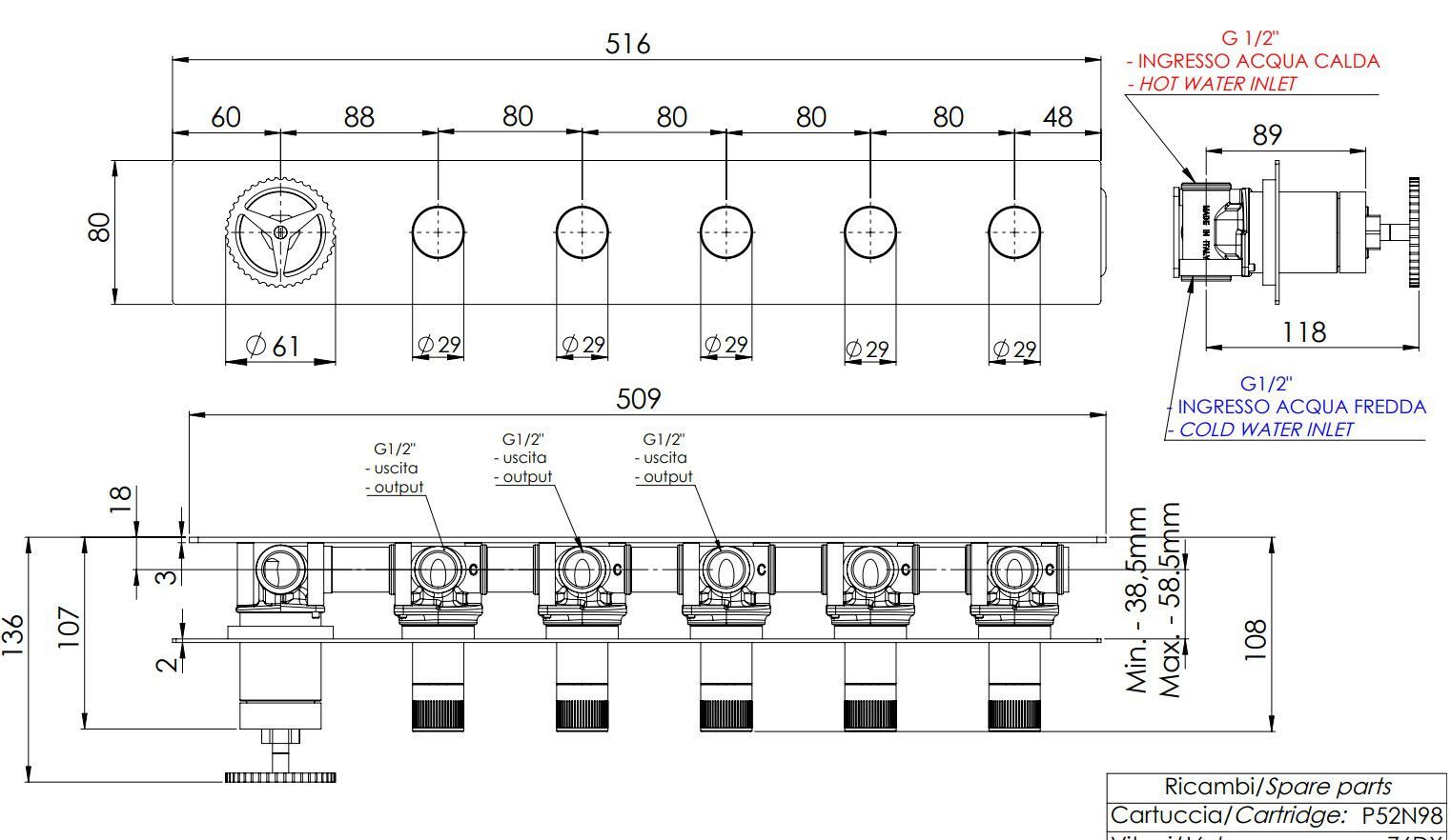 Однорычажный смеситель для душа с 6 отверстиями и переключателем Remer Rubinetterie Chrono ARCH-00152512 - Вид №2