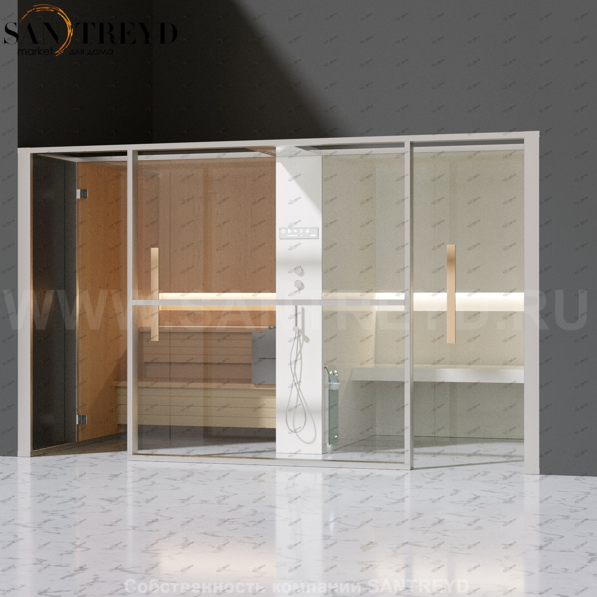 Effegibi LOGICAFILO LO11020006 Комбинированная баня: хаммам и сауна. Установка: в нишу. Мощность: 10,5 кВт макс. Размеры: длина 373 см, ширина 250 см. Отделка: канадский хемлок, матовый лакированный белый аллюминий и серый ламинат из керамогранита.