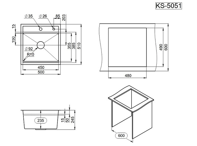 KS-5051, СТАЛЬ МАТОВАЯ , стальная кухонная мойка KITCHEN SPACE GRANULA 5051-ST352 - Вид №3