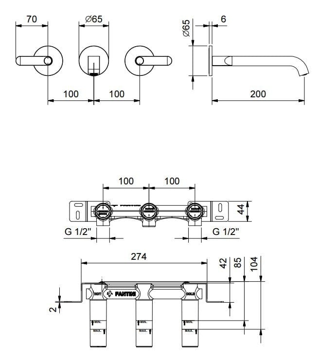 Настенный смеситель для раковины с 3 отверстиями Fantini Rubinetti Icona Deco ARCH-00077666 - Вид №1