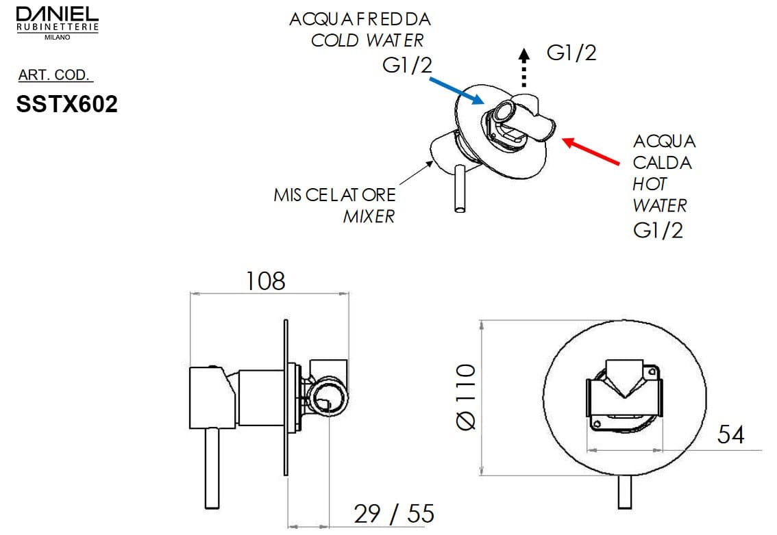 Нержавеющая сталь встраиваемые однорычажный смеситель для душа Daniel Rubinetterie STEEL ARCH-00147913 - Вид №2