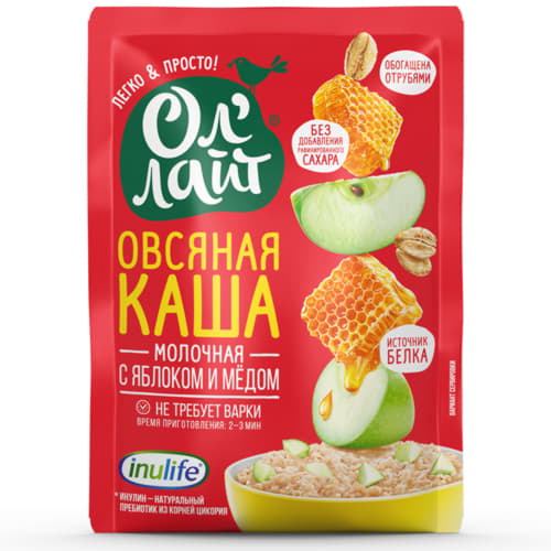 Каша овсяная молочная с яблоком и мёдом Ол'Лайт 40 г Santreyd 13348