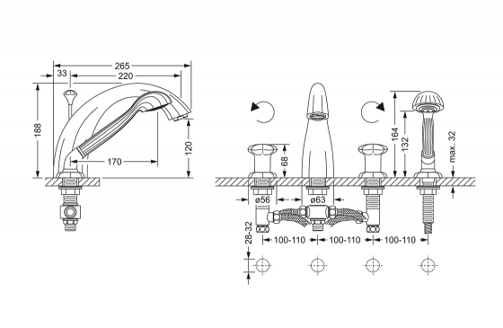 Смеситель для ванны на 4 отверстия ½“, монтаж на борт ванны JOERGER Florale 600.40.100.000 - Вид №1