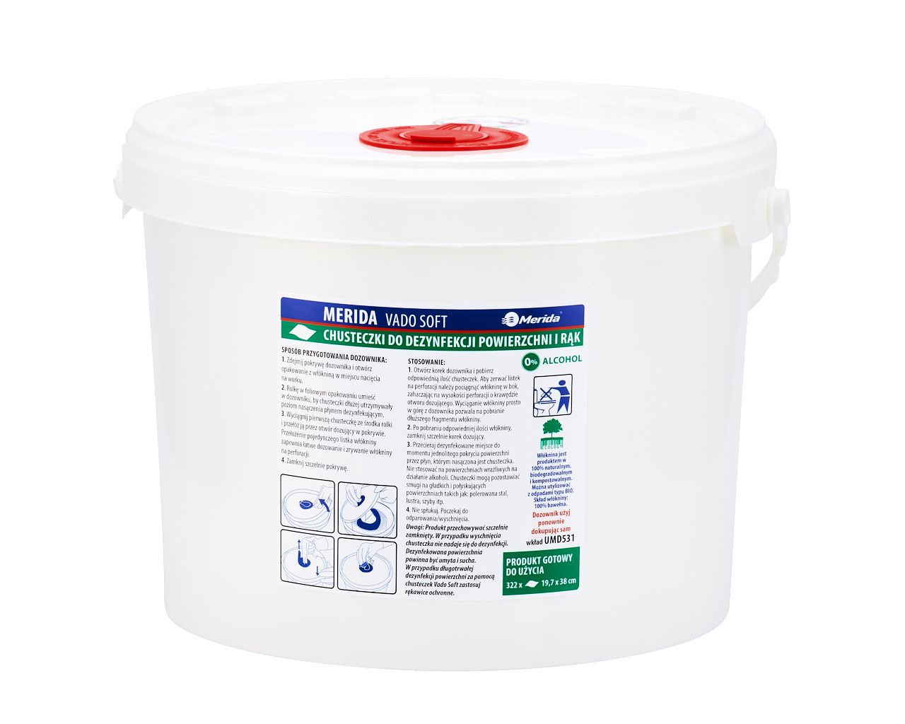 UMD832 Салфетки для дезинфекции рук и поверхностей VADO SOFT без содержания спирта, ведро 10 л, рулон 122,36 м, 322 листа Merida  - Вид №2